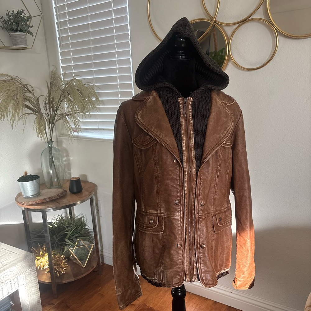 Men's Brown Leather Jacket with Hood